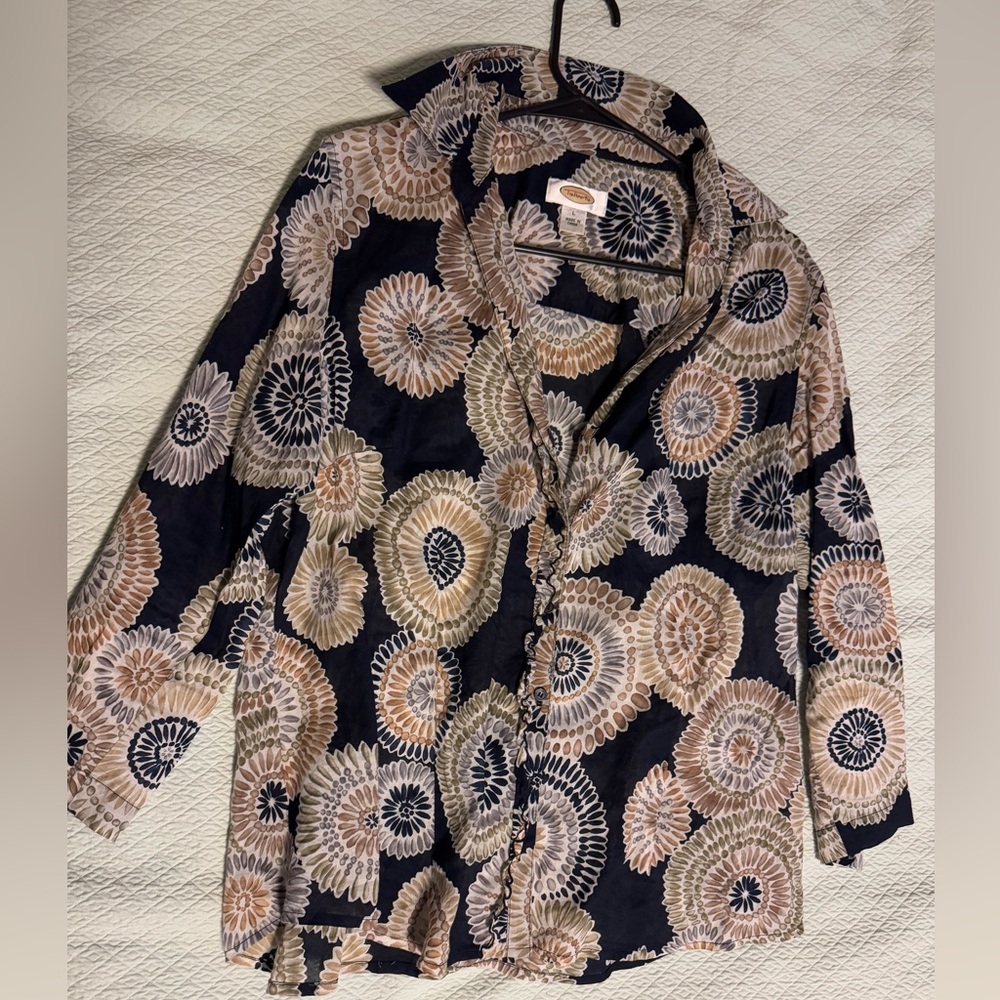 Talbots Navy and Cream Patterned Women's Blouse